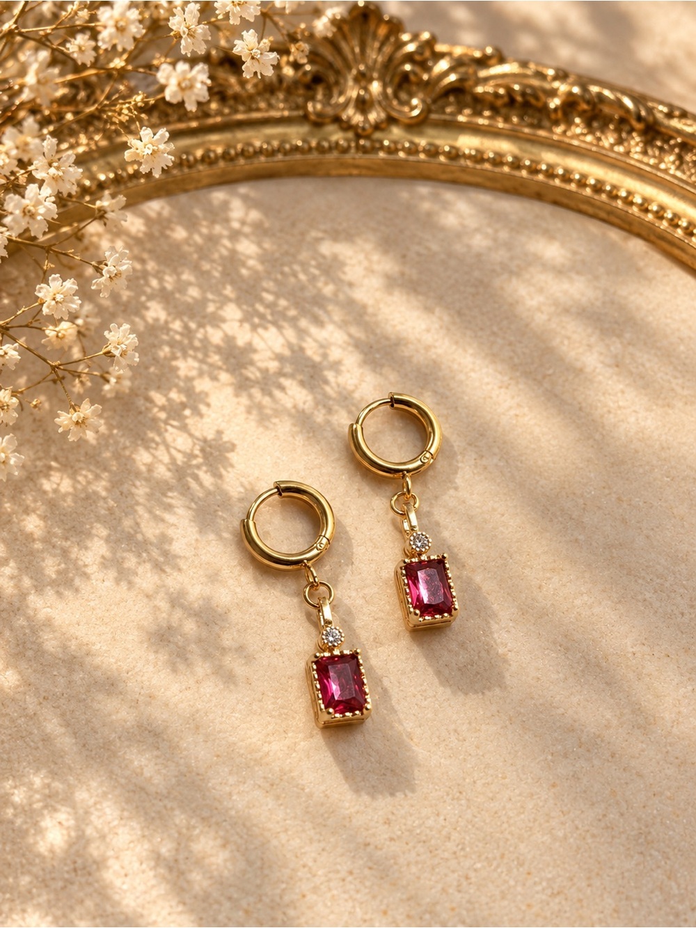 Gold Hoop Earrings with Pink Gem Drop - Elegant Women's Jewelry
